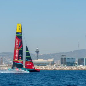 Emirates Team New Zealand sail their AC75 Te Rehutai in Barcelona