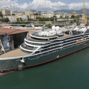 Seabourn Pursuit, the line’s second ultra-luxury expedition ship, at the T. Mariotti Shipyard during its official handover ceremony.
